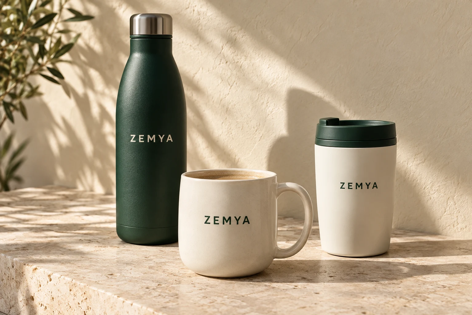 ZEMYA water bottle, ceramic mug and travel mug