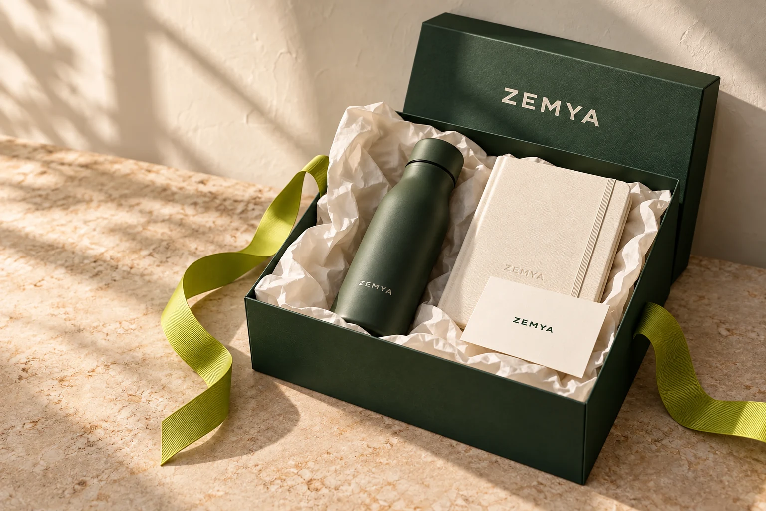 A forest-green ZEMYA gift box with a notebook, bottle and carefully arranged gifts